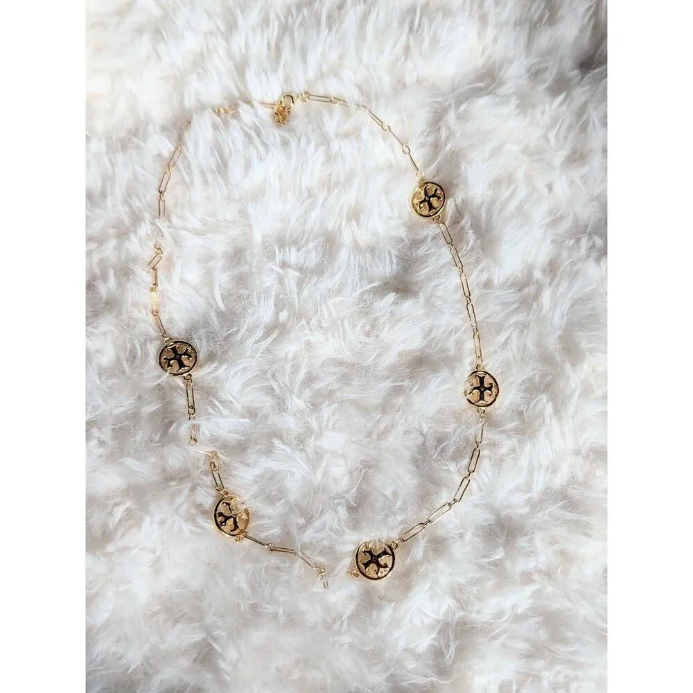 TORY BURCH Miller Station Gold Tone Double T Logo Medallion Chain Necklace - Picture 2 of 4